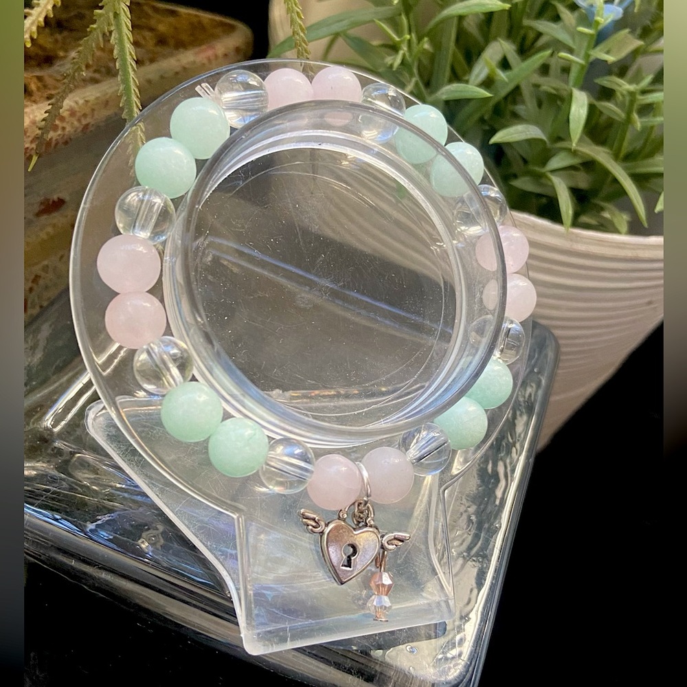 Handmade Gemstone Stretch Bracelet with Amazonite & Rose Quartz Heart Lock Charm